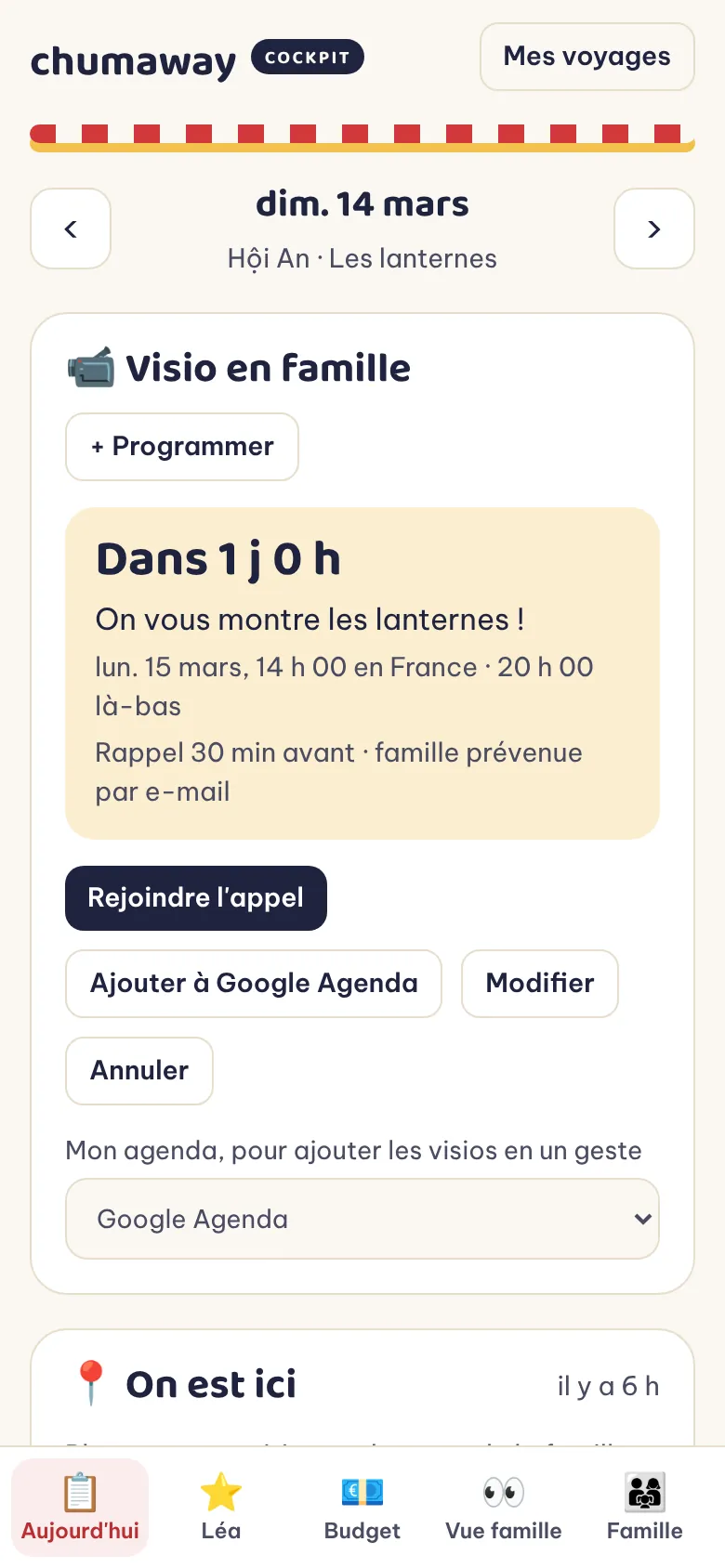 Le cockpit du parent : visio programmée, rappels du jour
