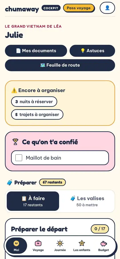 Le cockpit de l'organisateur : encore à organiser, documents, feuille de route, préparation