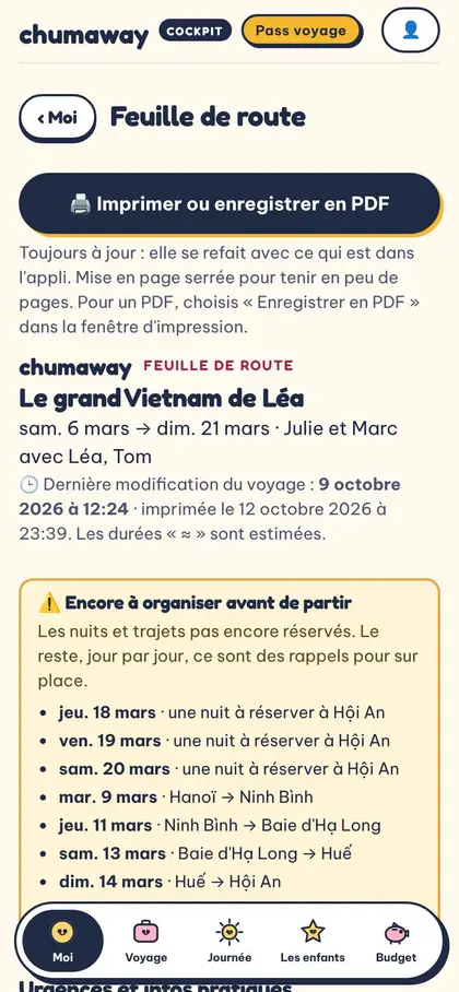 La feuille de route : encore à organiser avant de partir, puis le jour par jour